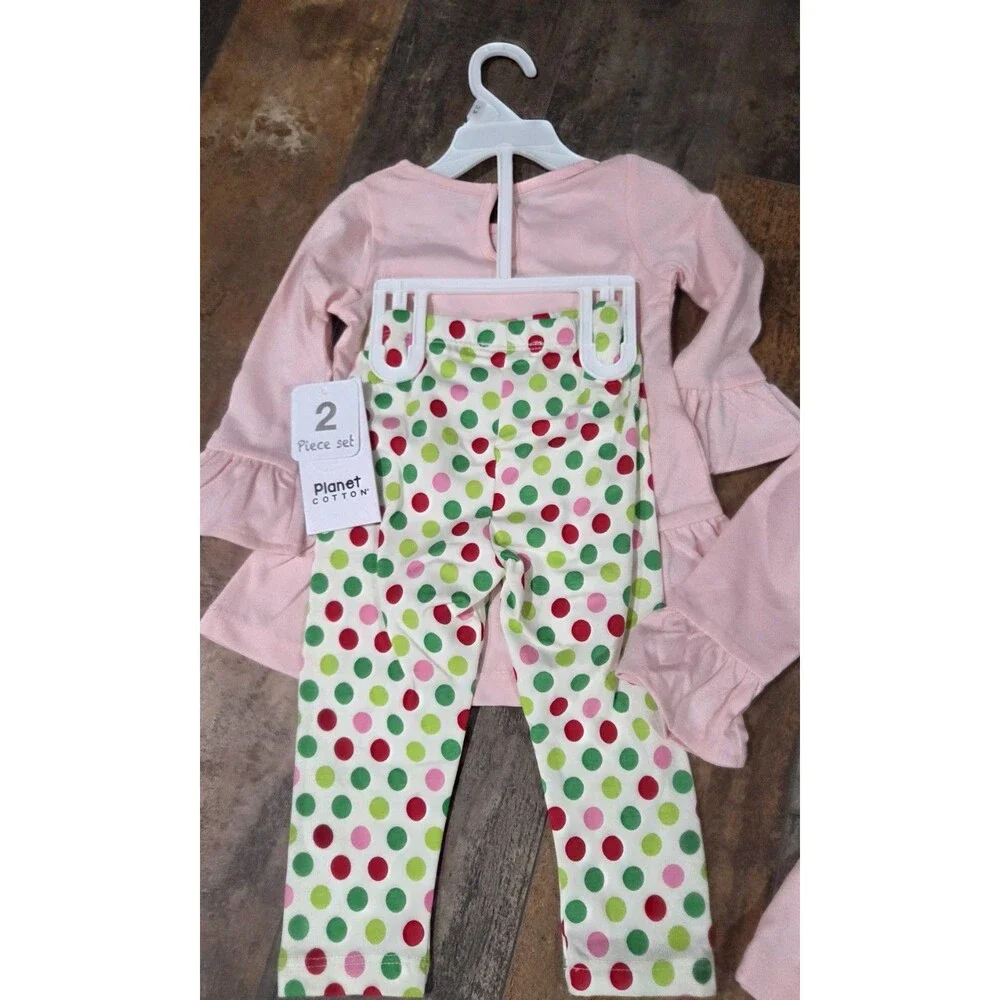 NWT Pink, Red, Green Holiday Reindeer Christmas Ruffle Outfit Girls 12m